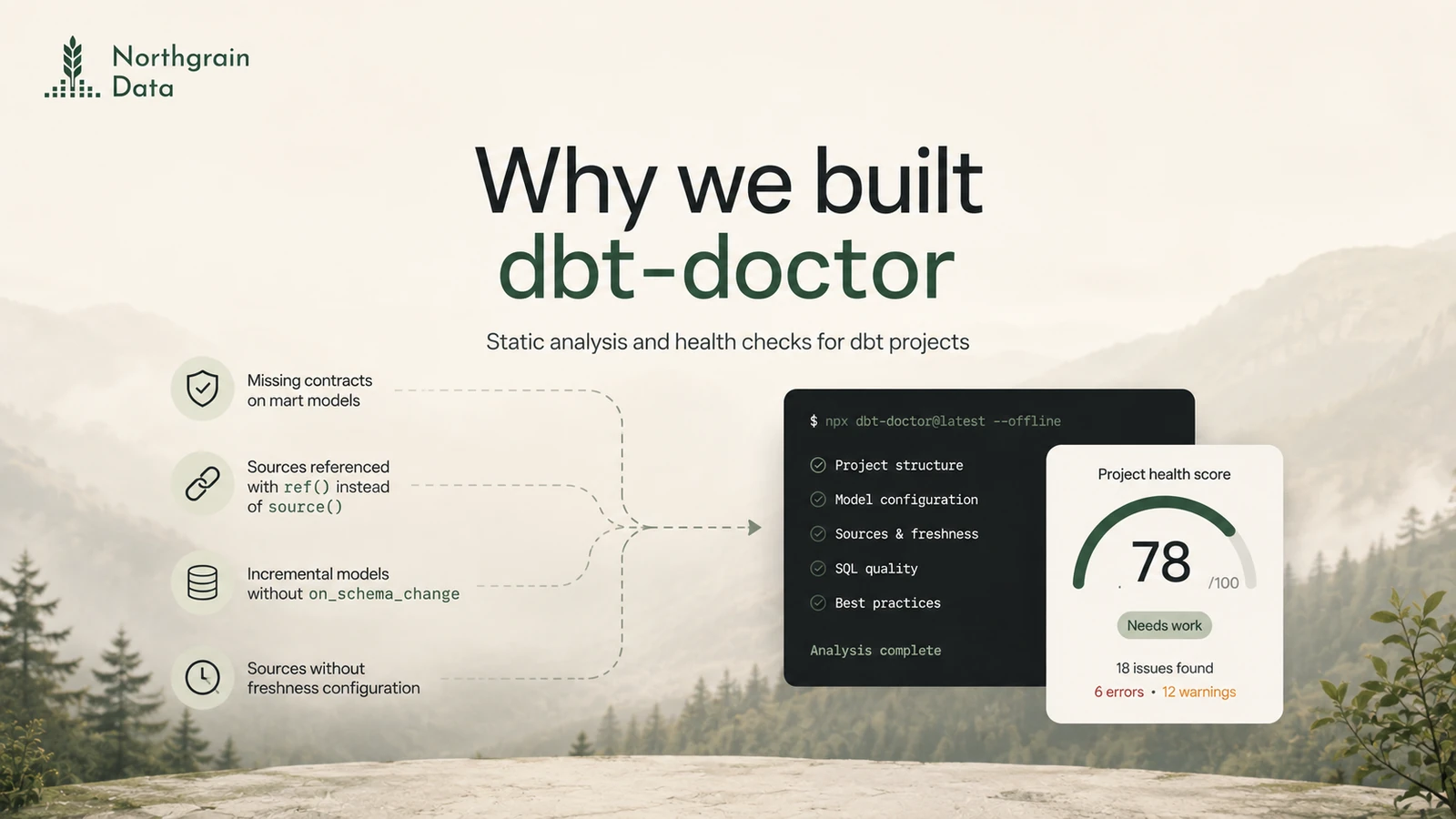 A dbt project health check showing findings, a terminal scan and a project score